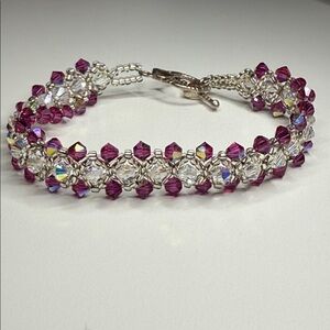 Pretty  Silver tone and Pink Crystal Aurora Borealis coated Bracelet